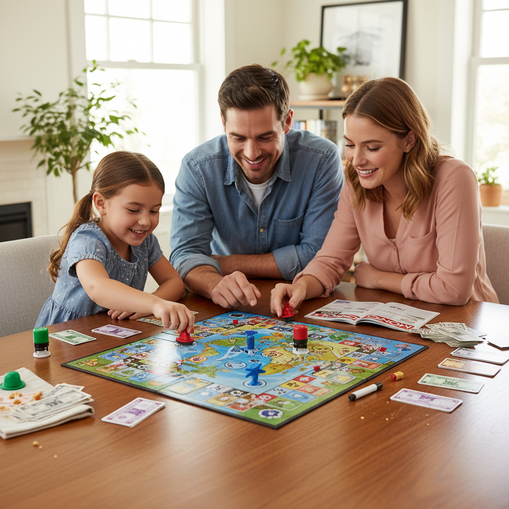 Monopoly Travel World Tour open dry-erase gameboard being played by family - More4less Outlet