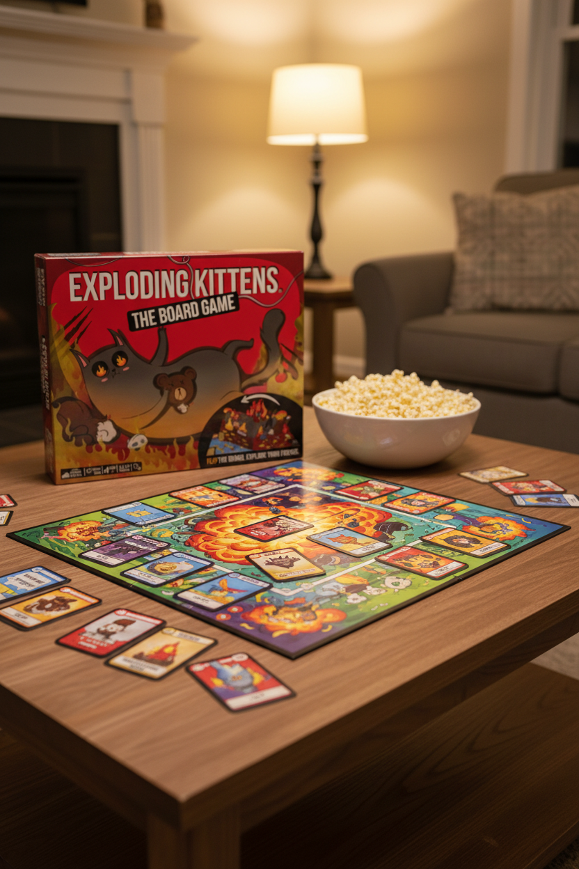 Exploding Kittens board game set up on walnut coffee table with cards fanned out and popcorn — family game night lifestyle