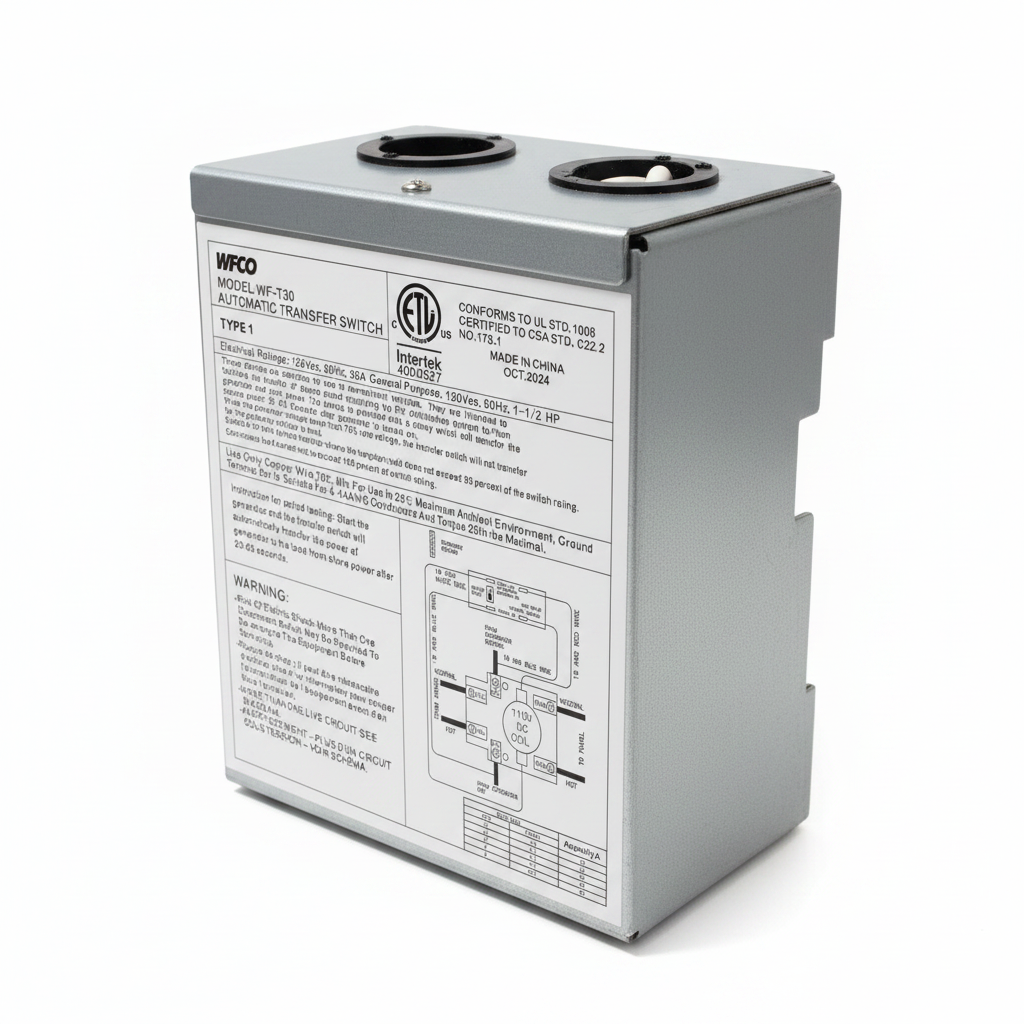 WFCO WF-T30 automatic transfer switch grey steel enclosure on white studio background showing spec label and conduit ports