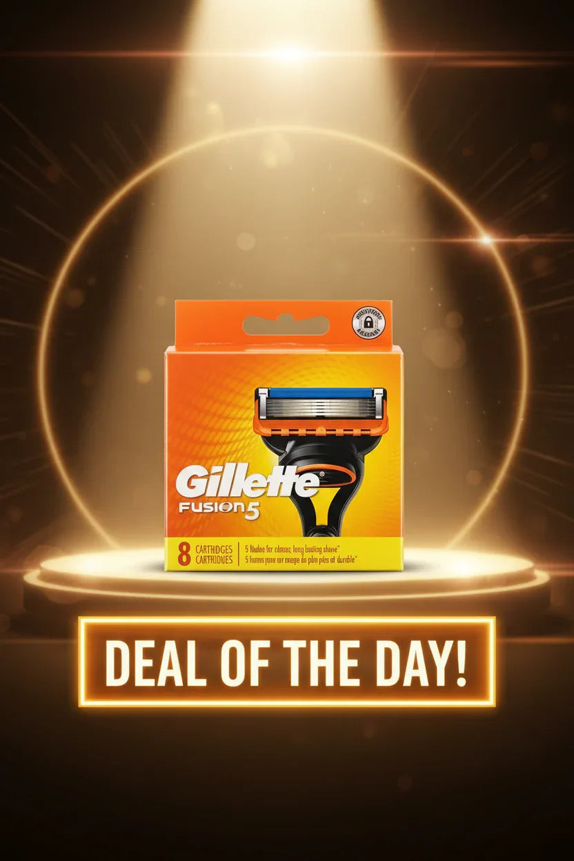 Gillette Fusion5 8-count razor refills on bright retail-style Deal of the Day spotlight background