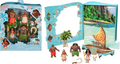 Mattel Moana Classic Storybook Set packaging beside its six characters, accessories and pop-out scenery