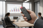 Close-up of hand holding Techellent black wireless presenter remote with red laser dot visible on blurred presentation slide in background