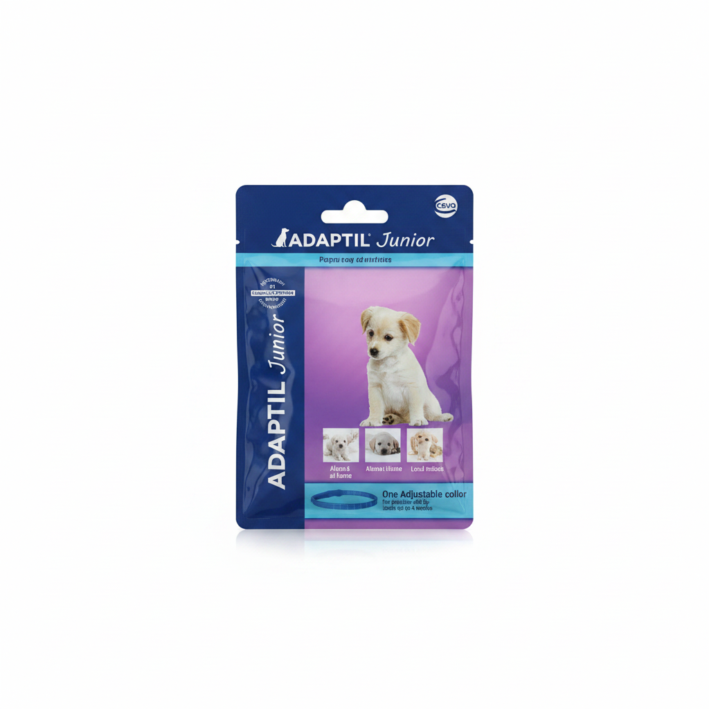 ADAPTIL Junior puppy calming collar packaging premium studio shot on white background