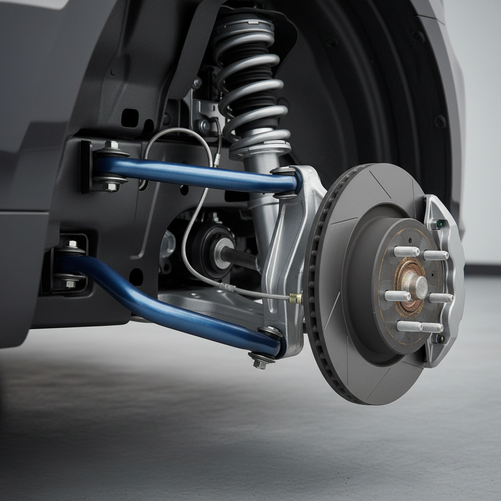 Close-up of vehicle front suspension system showing sway bar and chassis components in clean undercarriage