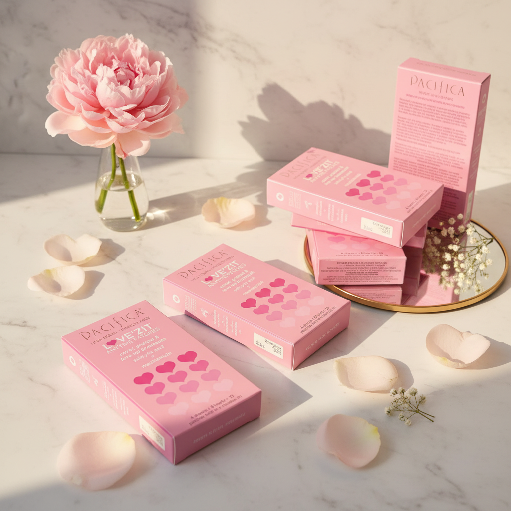 Pink heart-shaped acne patch boxes on white marble vanity with soft morning light and floral accents – More4less Outlet