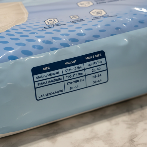Macro view of sizing chart on Attends Discreet Men's Underwear packaging showing L/XL 38-64 inch measurements