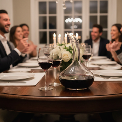 Sleek clear crystal wine decanter filled with rich red wine on an elegant wooden dining table beside two stemmed wine glasses