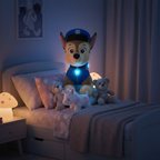 PAW Patrol Room Patrol Chase Interactive Plush Toy (12-inch) — Chase plush in blue police uniform with light-up badges glowing softly in a cozy children's bedroom at night surrounded by soft pillows and stuffed animals — comforting bedtime nightlight scene