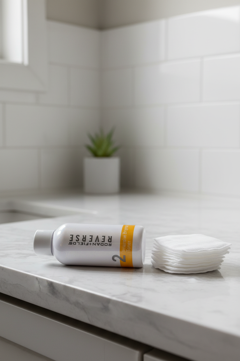 Rodan + Fields REVERSE Intensive Brightening Toner bottle on bathroom vanity beside cotton gauze pads