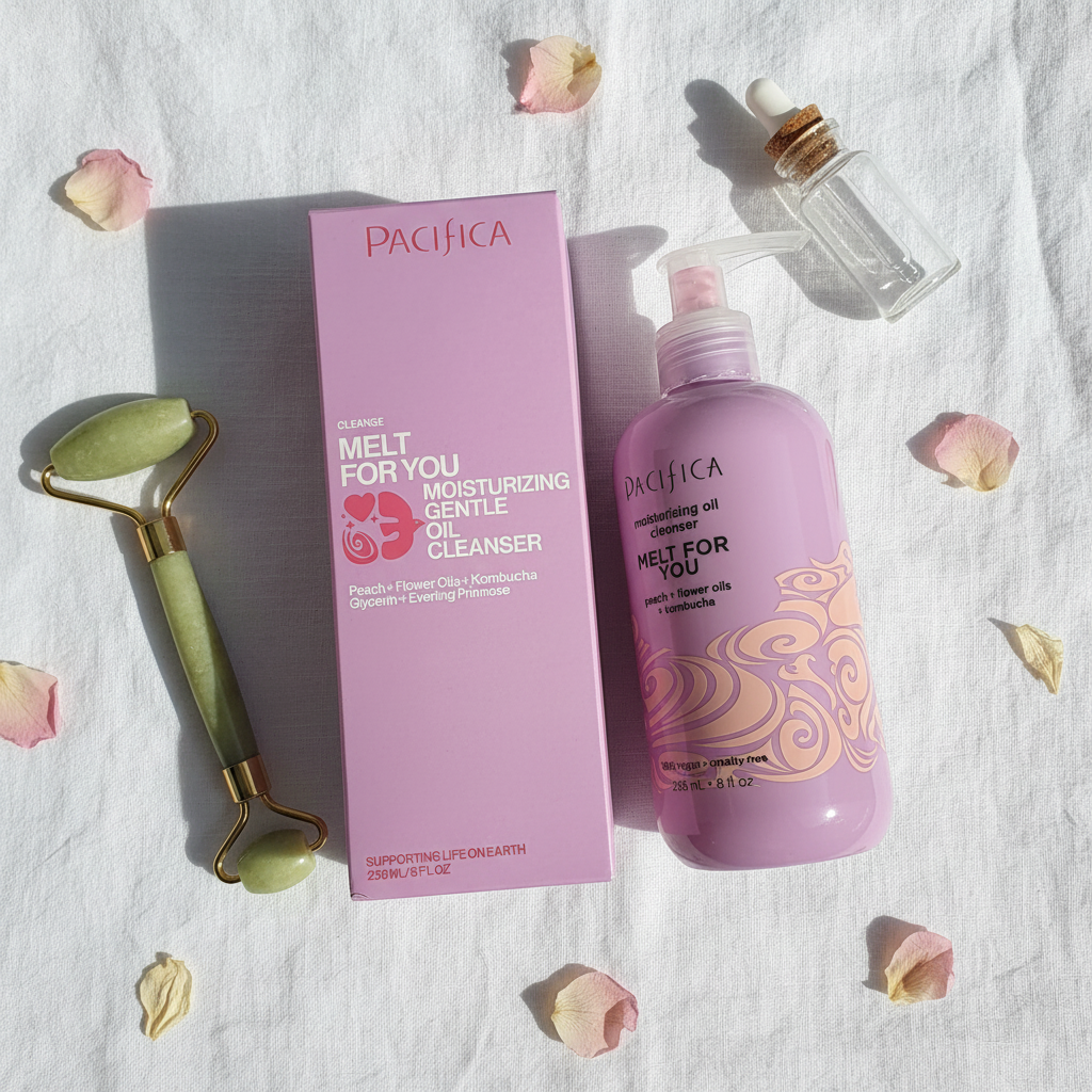 Pacifica Melt For You Oil Cleanser editorial flat lay on white linen with jade roller and dried flower petals