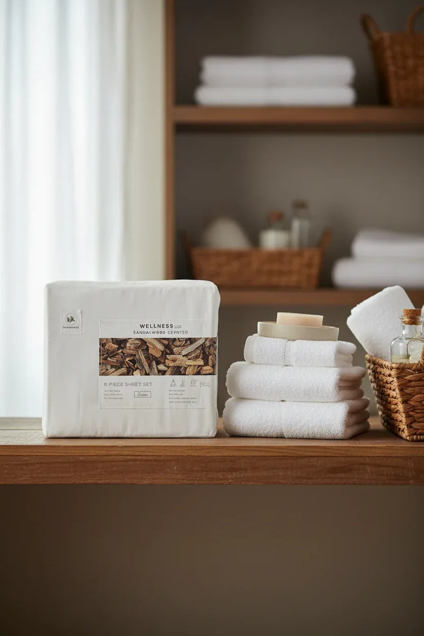 Wellness Plus Sandalwood Scented sheet set package on rustic wooden linen closet shelf with white spa towels and wicker basket