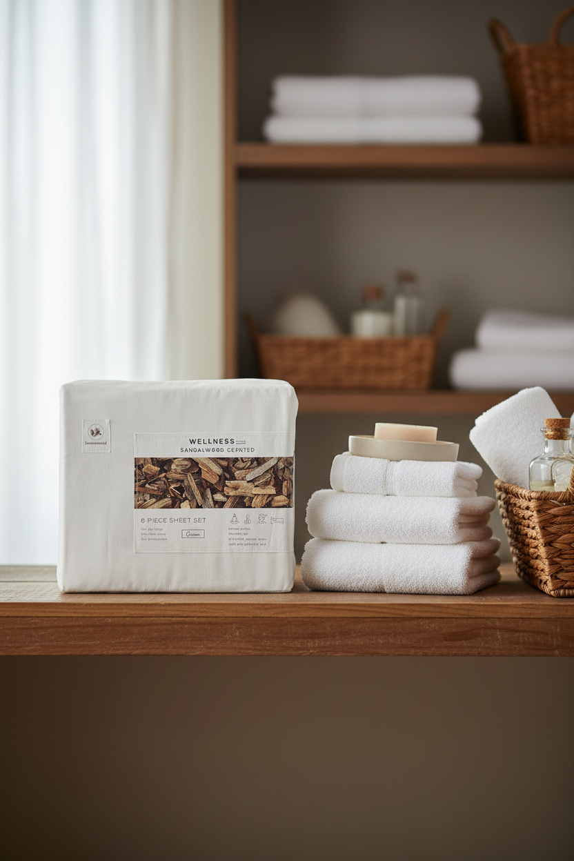 Wellness Plus Sandalwood Scented sheet set package on rustic wooden linen closet shelf with white spa towels and wicker basket