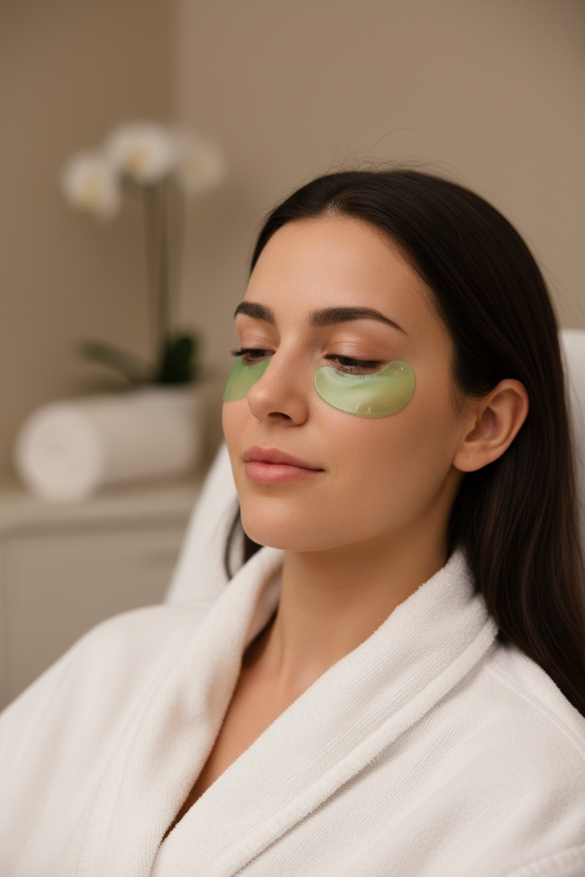 Woman applying The Spathecary brightening hydrogel under-eye pads spa relaxation — More4less Outlet