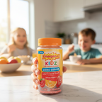 Child holding Emergen-C Kidz Gummies bottle in sunny kitchen – More4less Outlet