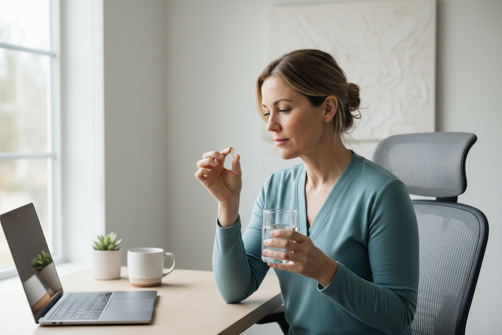 Adult woman taking a daily supplement softgel with water at home office desk - wellness lifestyle