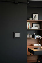 Legrand Adorne magnesium paddle switch on matte-black office wall near dark walnut bookshelf industrial decor