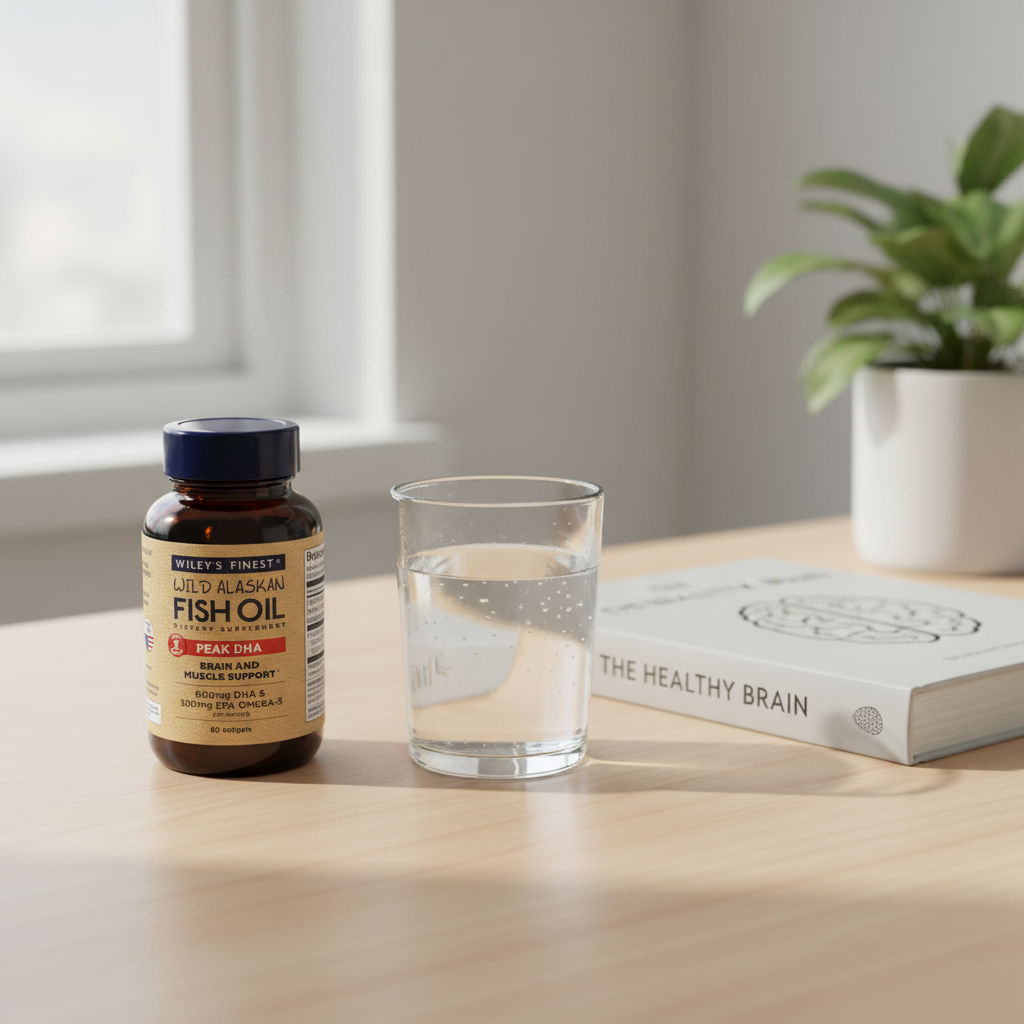 Wiley's Finest Wild Alaskan Fish Oil Peak DHA with water glass and brain health book - More4less Outlet