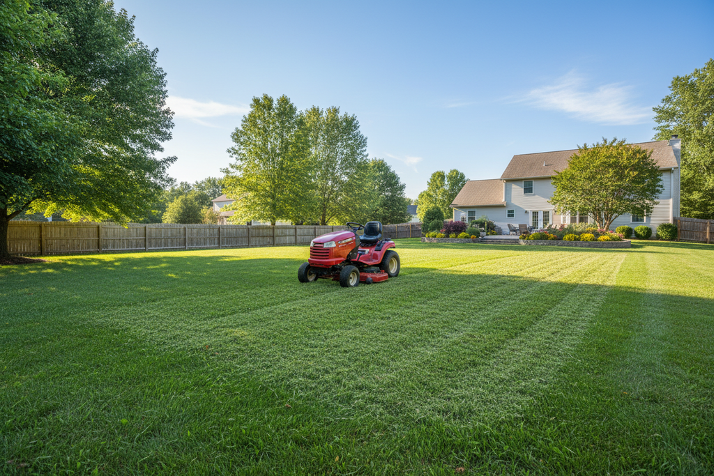 Riding lawn tractor mowing lush green lawn — sharp mulching blade delivers clean precise cut and efficient grass clipping mulching