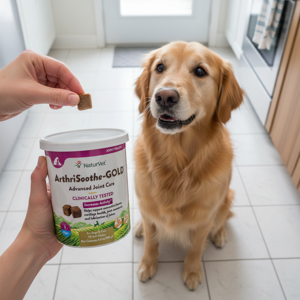 Person offering a NaturVet ArthriSoothe-GOLD soft chew treat to an older dog sitting on a bright kitchen floor