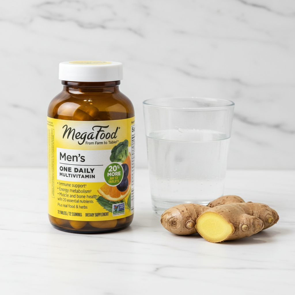 Men's multivitamin amber glass bottle beside water glass and fresh ginger root on white marble countertop – More4less Outlet