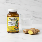 Men's multivitamin amber glass bottle beside water glass and fresh ginger root on white marble countertop – More4less Outlet