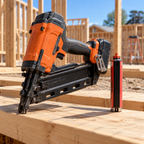 AI-generated lifestyle photo of a cordless framing nailer and fuel cell resting on lumber at a construction site