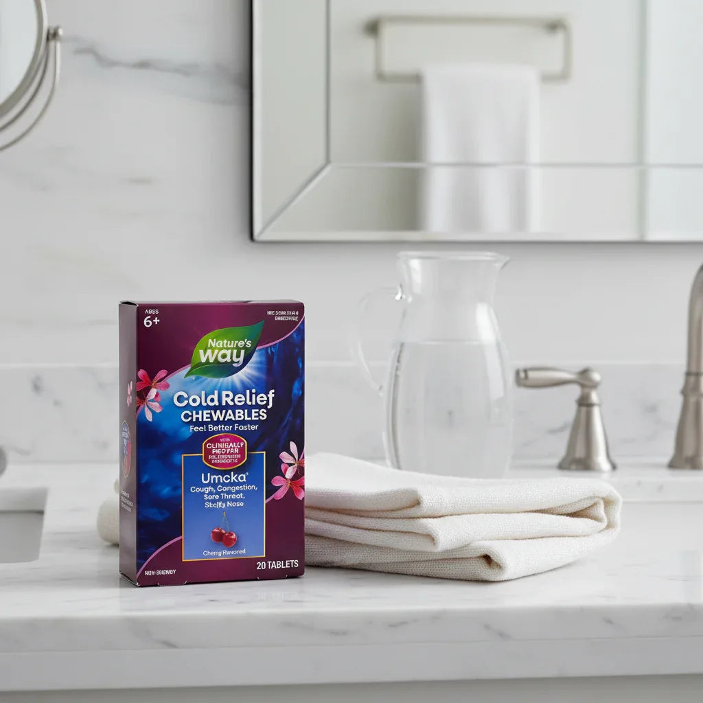 Nature's Way Umcka Cold Relief Cherry Chewables box on white bathroom vanity with soft-white linen towel and clear glass water pitcher