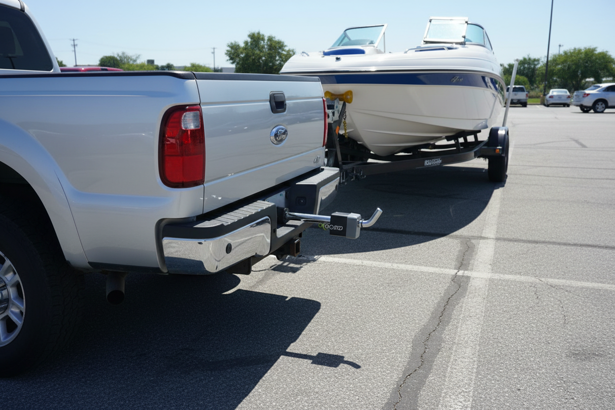 OxGord deadbolt hitch receiver lock installed on truck trailer hitch with boat trailer in parking lot - More4less Outlet