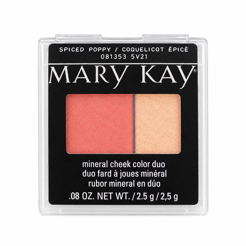 Mary Kay Mineral Cheek Color Duo Spiced Poppy compact on a white studio background