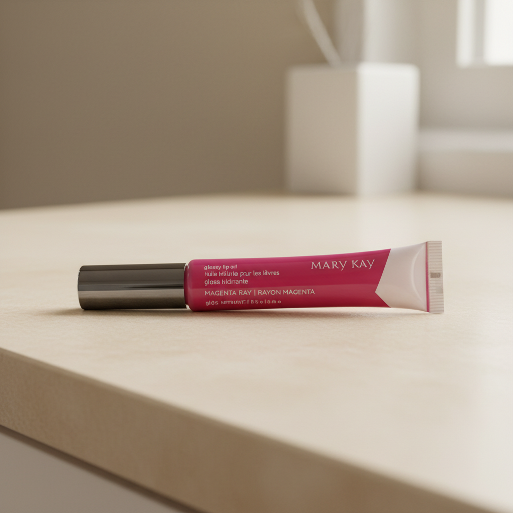 AI-generated lifestyle image of Mary Kay Glossy Lip Oil in Magenta Ray