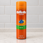 Gillette Fusion Sensitive shave gel can on a bathroom counter