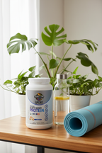 Garden of Life Sport Organic Plant Protein vanilla tub on wooden surface with yoga mat water bottle and green plants