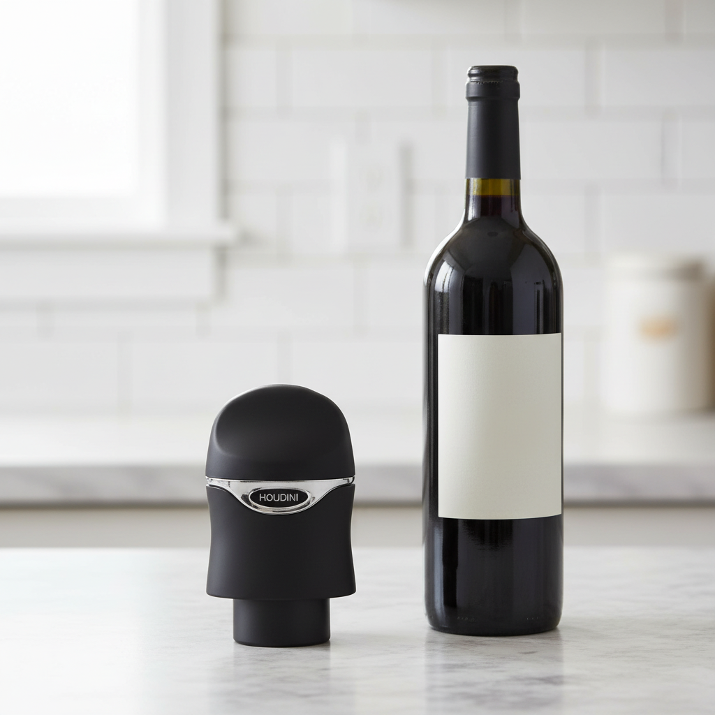 AI-generated lifestyle image of one black Houdini by Rabbit wine and champagne sealer beside one wine bottle on a neutral kitchen countertop.