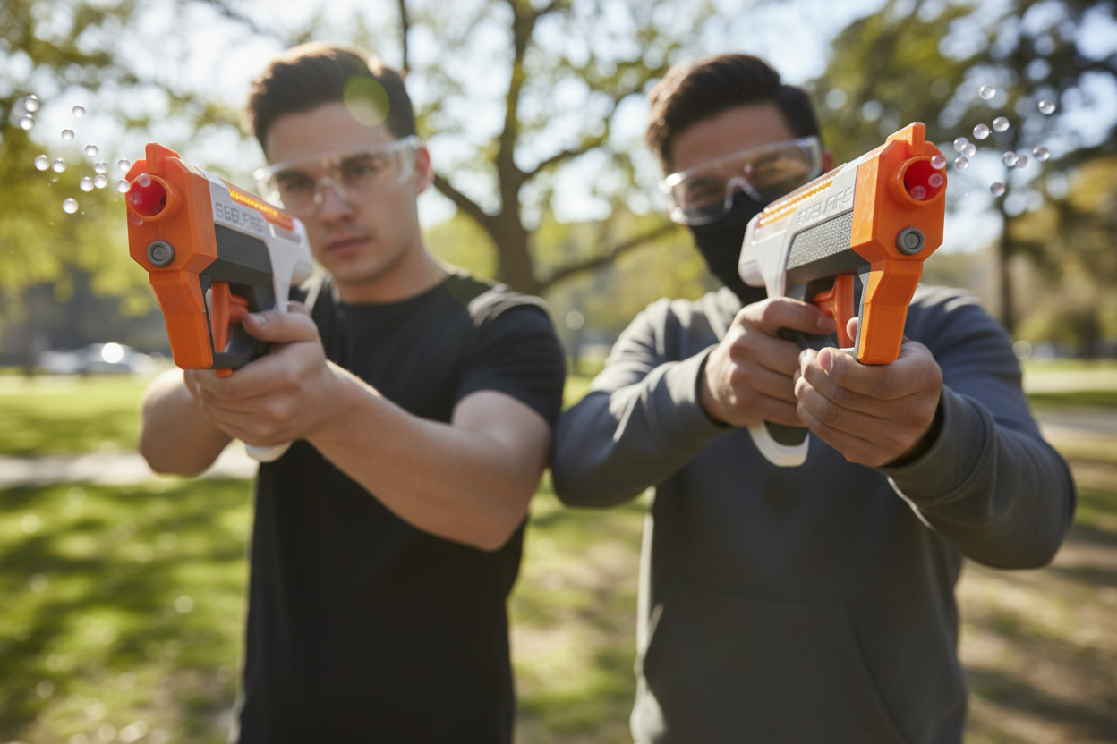 Two players wearing protective eyewear holding Nerf Pro Gelfire blasters in outdoor action lifestyle shot
