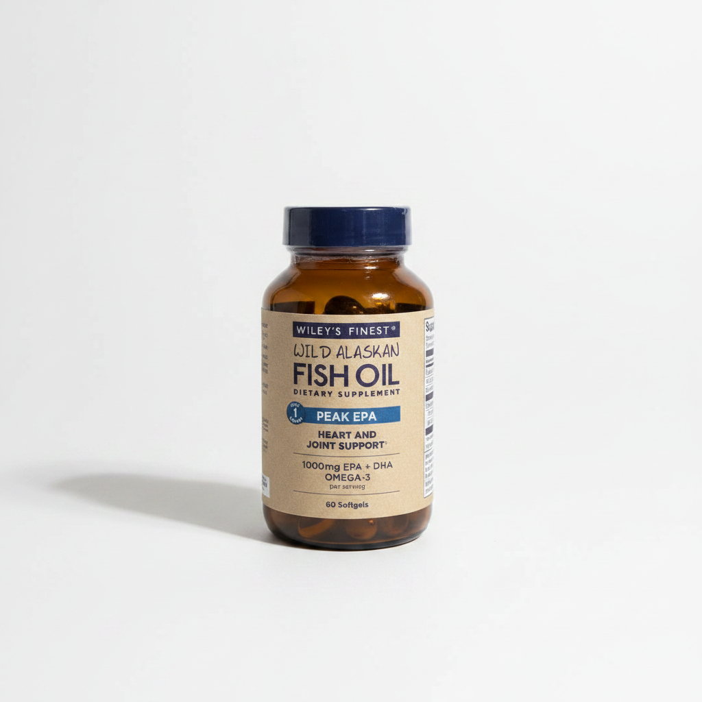 Lifestyle context image of Wiley's Finest Wild Alaskan Fish Oil Peak EPA 60 softgels (AI-generated for visual illustration only) – white surface minimalist supplement photography – More4less Outlet