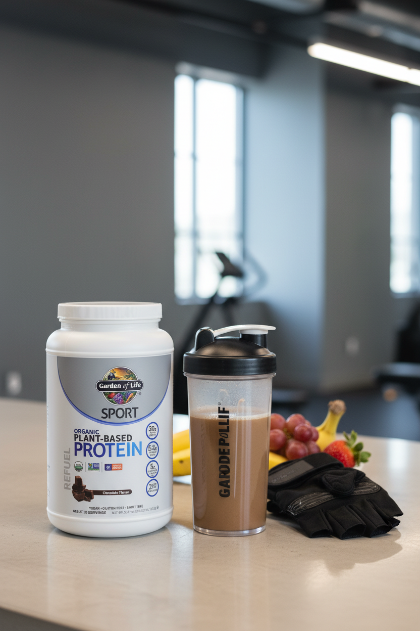 Garden of Life Sport Organic Plant Protein chocolate tub on gym counter with shaker bottle and fresh fruit