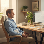 Man sitting at home office desk wearing white abdominal support wrap under a light shirt looking comfortable and focused