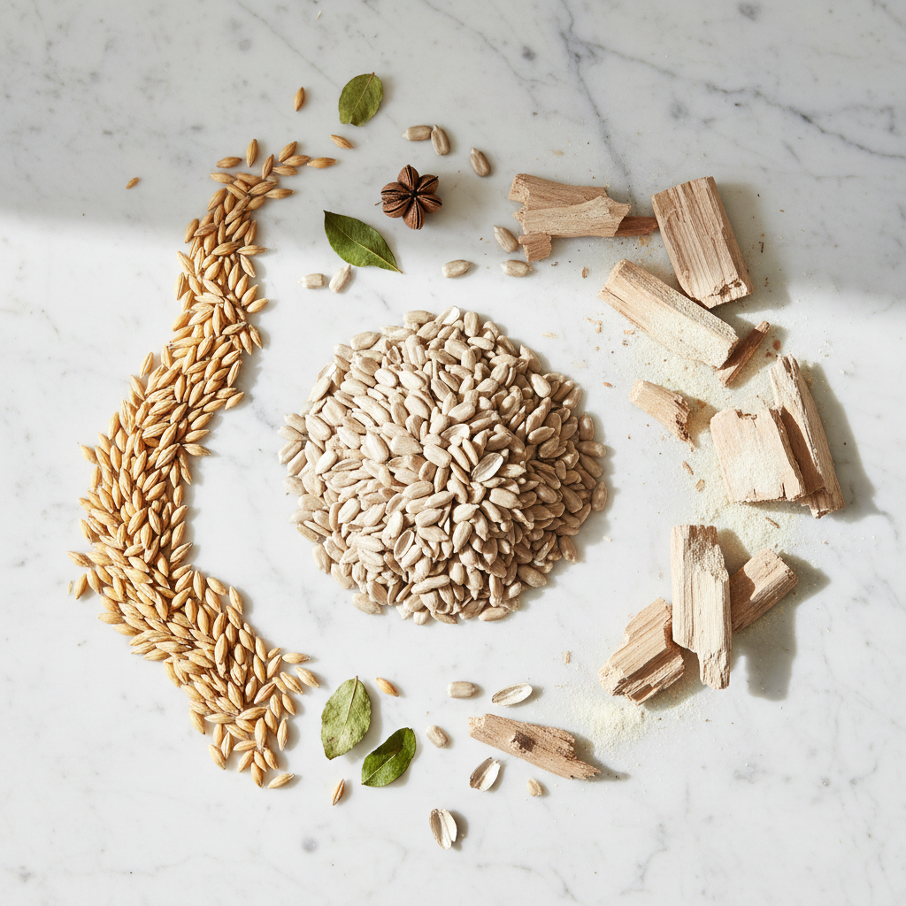 Natural botanical ingredients flat lay on white marble