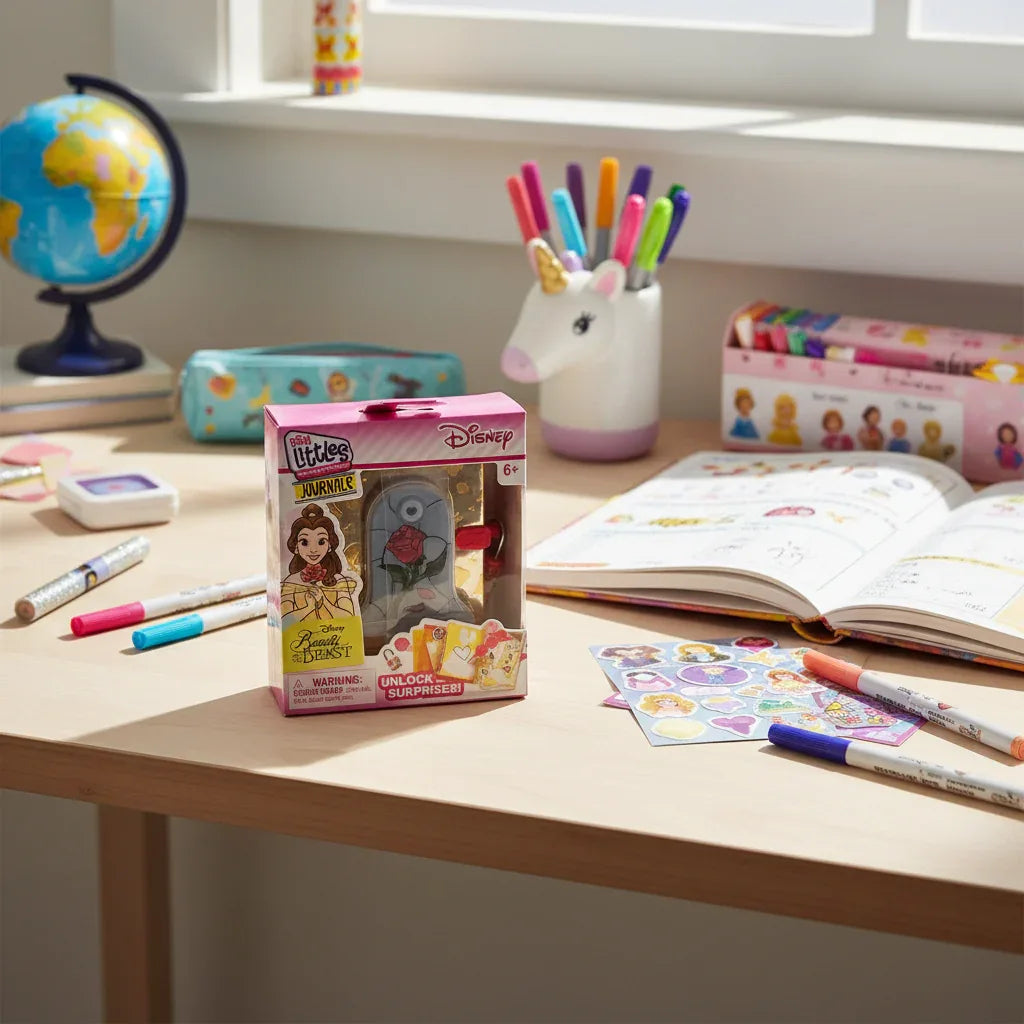 Real Littles Disney Beauty and the Beast Micro Journal displayed on child's desk with school planner, pens, and stickers.