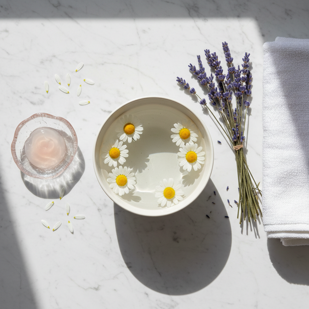 Luxurious skincare routine flat lay with chamomile flowers, lavender sprigs, and soft washcloth on marble