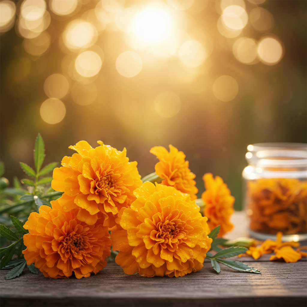 Vibrant orange and yellow marigold flowers with soft bokeh background — natural source of lutein and zeaxanthin