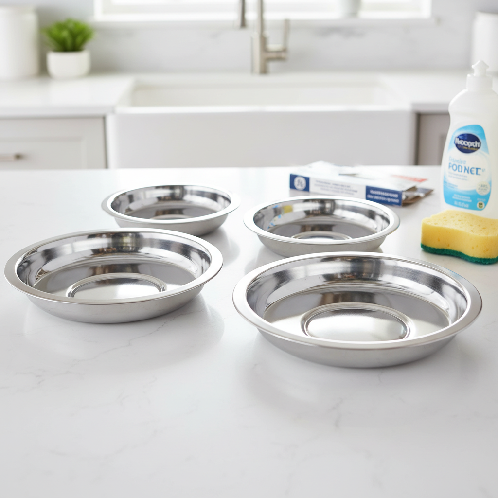 Set of four GE Appliances GE68C chrome drip bowls laid out on a clean white kitchen countertop next to a sponge and dish soap — easy to clean
