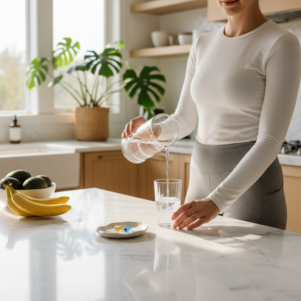 Morning wellness routine - pouring water with daily longevity supplements on kitchen island