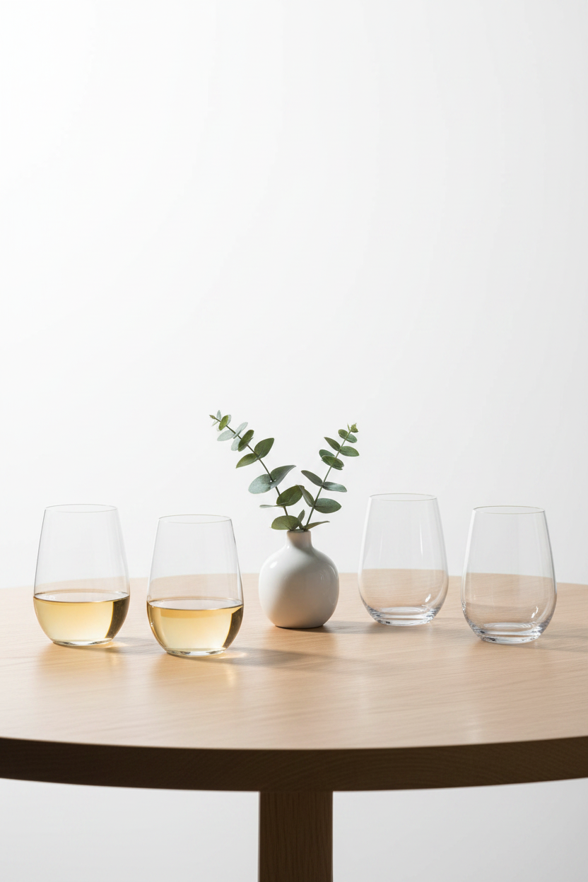 Modern minimalist dining table display with Riedel The O stemless German crystal wine glasses for white wine