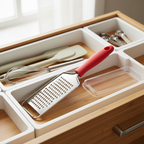 Red Microplane grater stored in kitchen drawer with clear protective cover sleeve