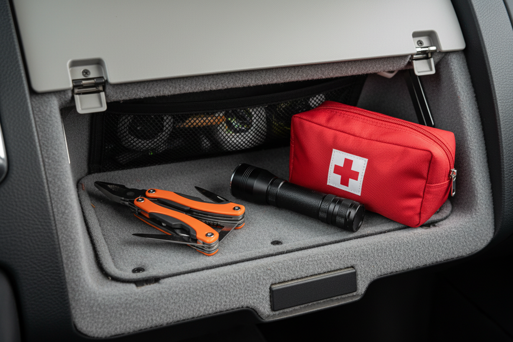 Orange handled stainless steel multi-tool in vehicle glove compartment with flashlight and first aid kit