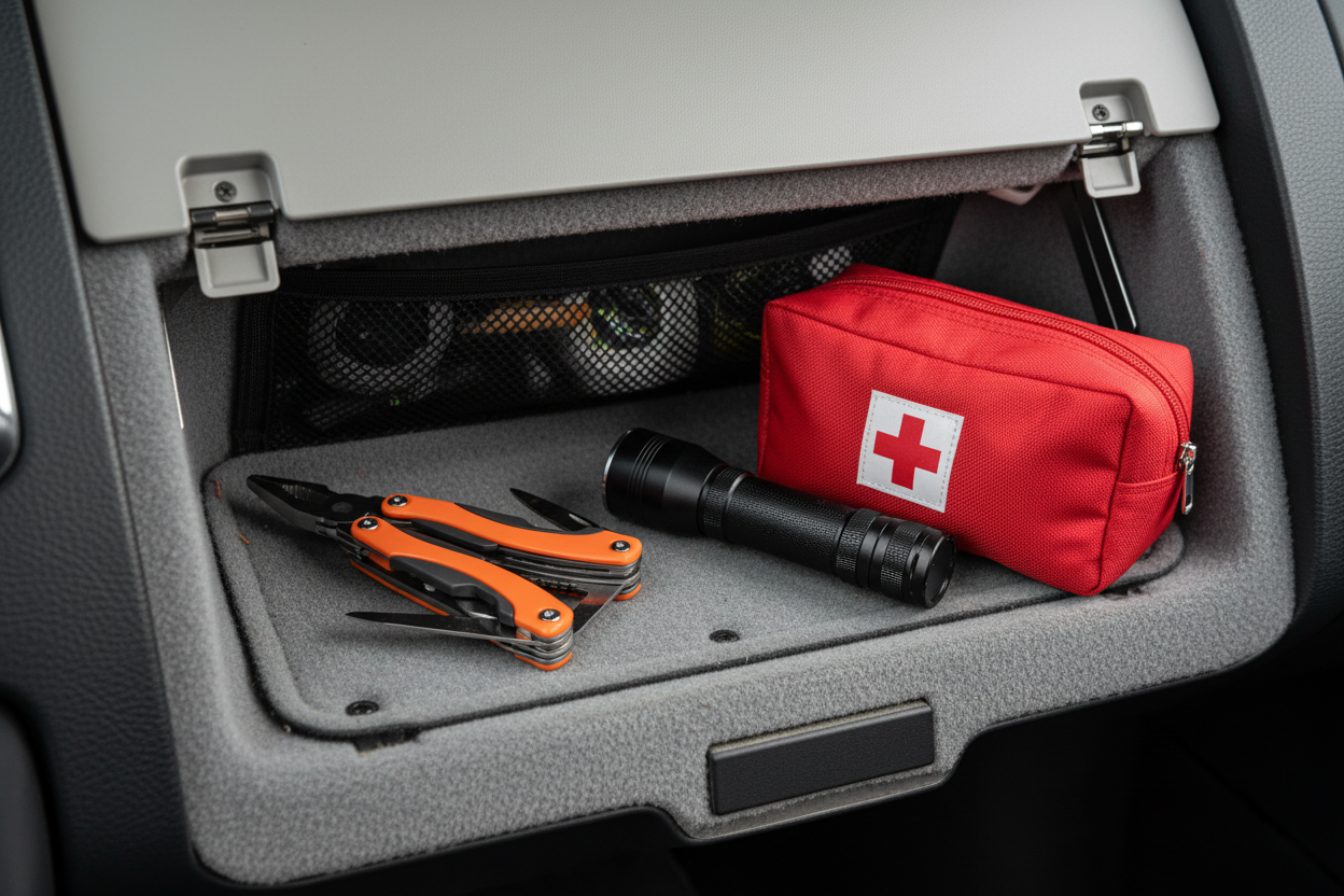 Orange handled stainless steel multi-tool in vehicle glove compartment with flashlight and first aid kit