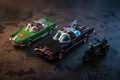 Flat lay of Jada Nano Hollywood Rides Batman Classic TV Series 3-Pack – Batmobile, Batcycle & Jokermobile die-cast vehicles – More4less Outlet