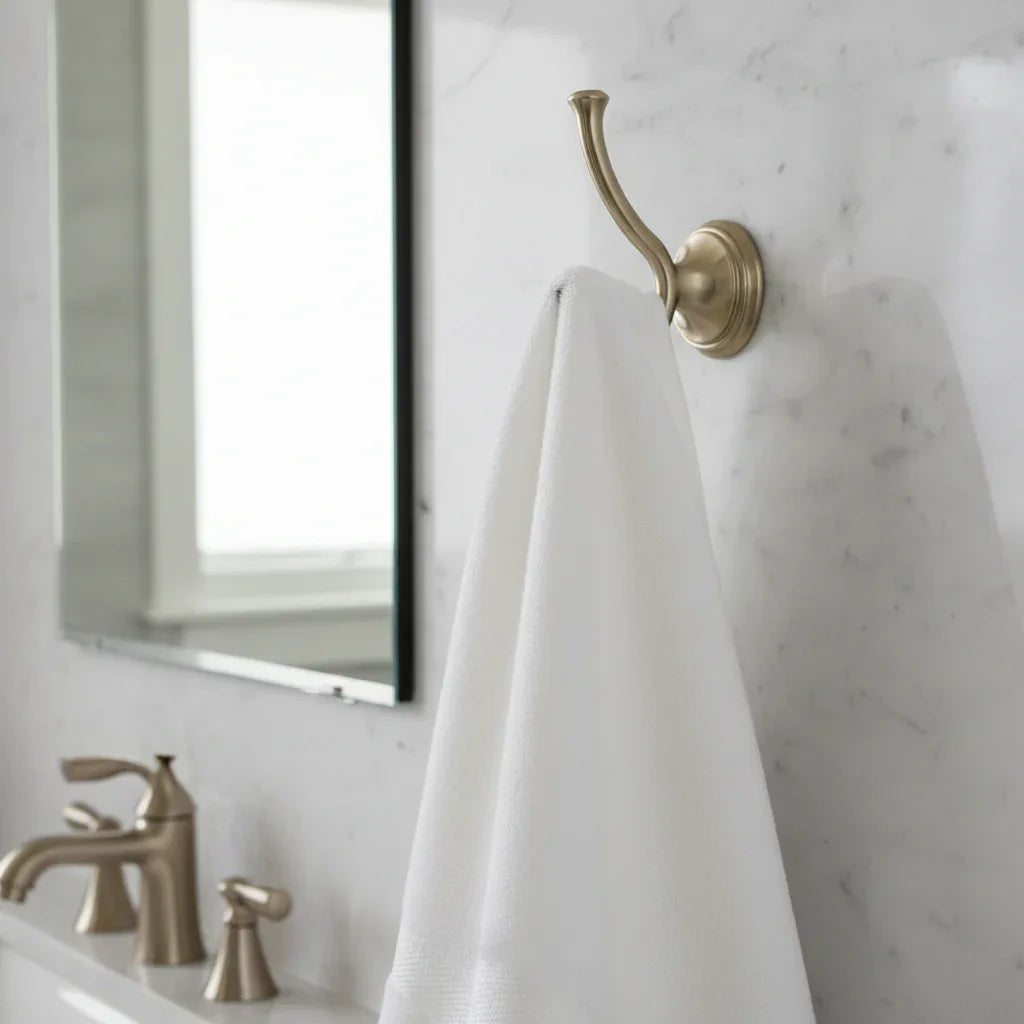 Folded white Egyptian cotton towel hanging from a warm champagne bronze Delta Cassidy robe hook