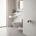 Grohe Atrio SuperSteel toilet paper holder in complete luxury bathroom suite with matching matte steel fixtures and soft morning light
